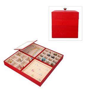 80.) New Red Faux Leather 4 Tier Stackable Jewelry Organizer with Mirror Lid